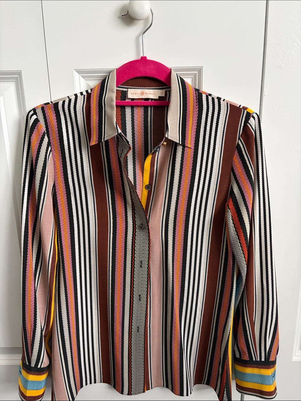 Tory Burch Vertical Stripe Button-Up Blouse — Brown, Pink & Yellow